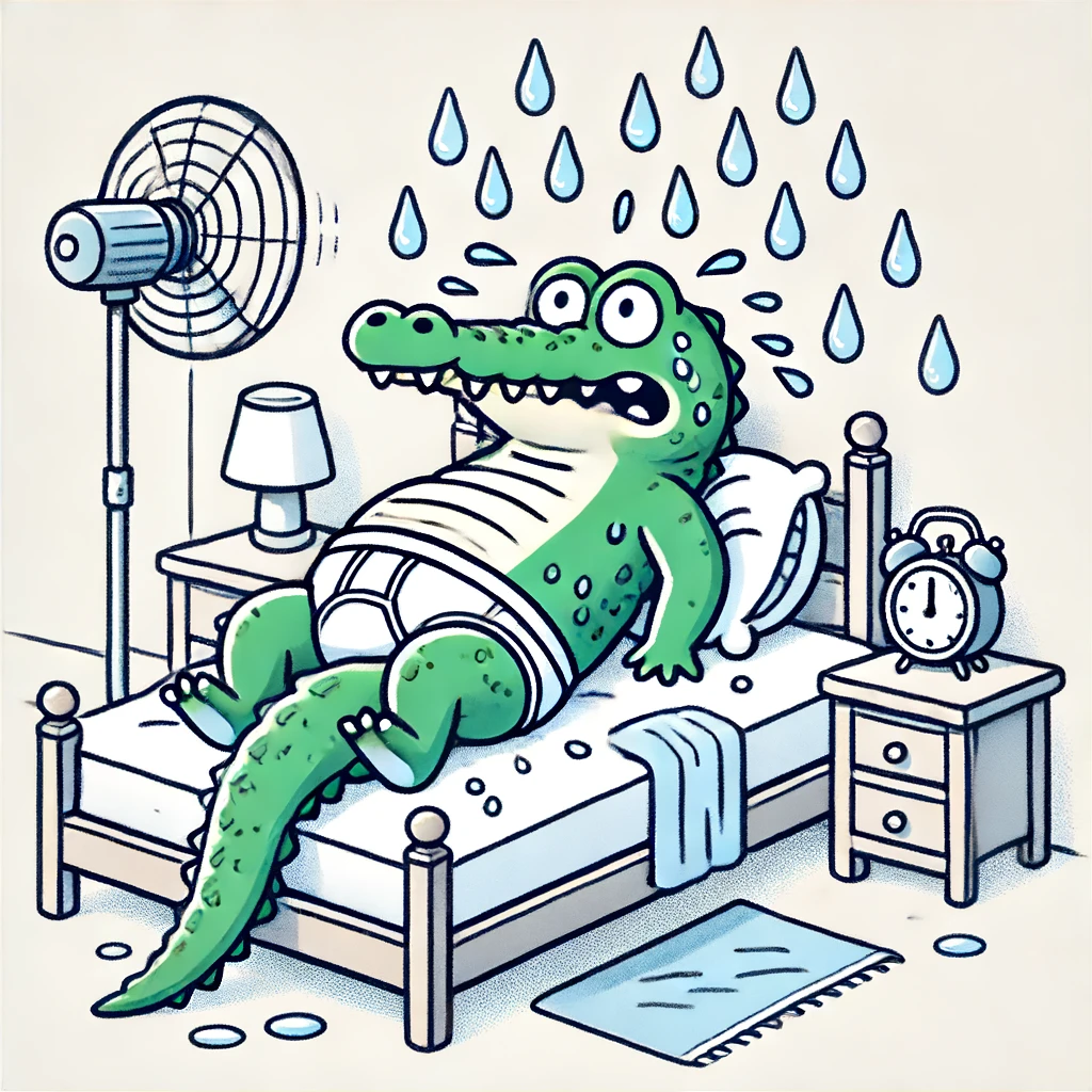 humorous illustration of the SwampButt Underwear Alligator in bed, sweating profusely. The alligator looks distressed, surrounded by sweat drops, emphasizing the discomfort from the heat. The simple design of the bed, the spinning ceiling fan, and the bedside table with a lamp and alarm clock add to the lighthearted scene.