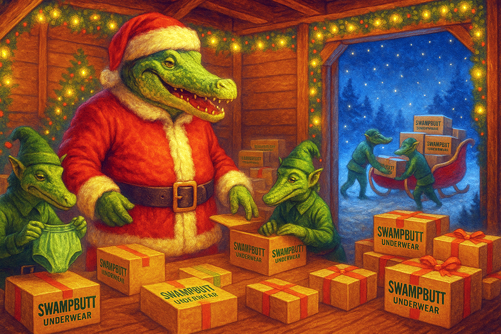 SwampButt Underwear Mascot Santa Rufus is hard at work getting ready for Christmas.