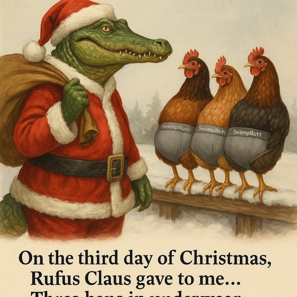 On the third day of SwampButt Christmas Rufus Claus gave to me 3 chickens and alligators really like Chicken.