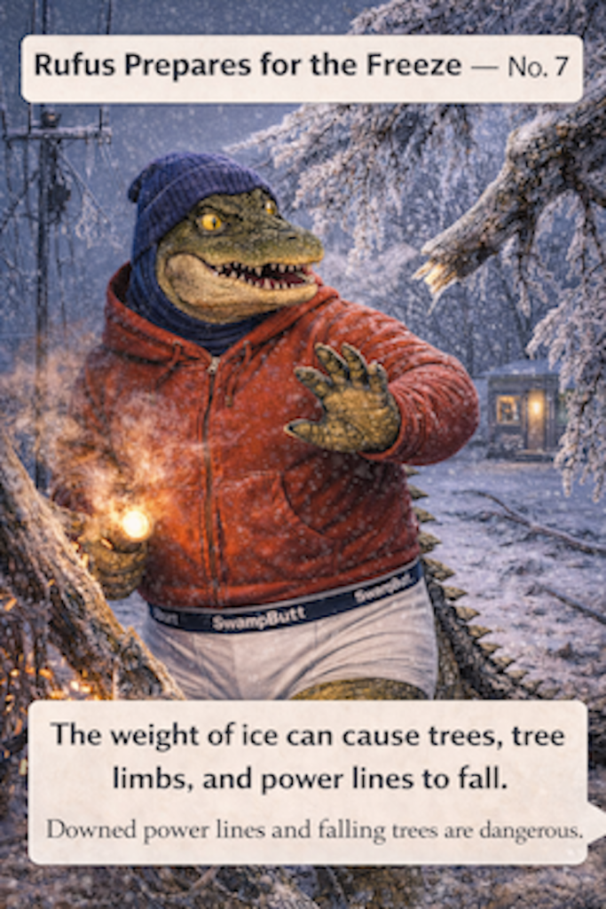 Ice on frozen wires is a falling hazard according to SwampButt Underwear.