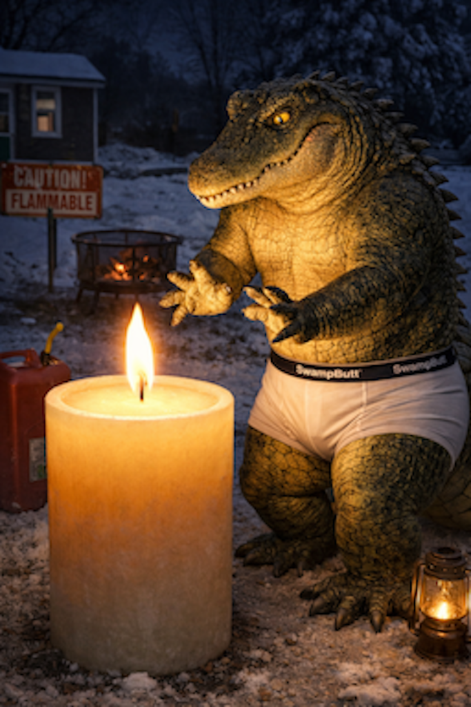 The SwampButt Underwear Mascot Rufus and his previously re-gifted big candle.