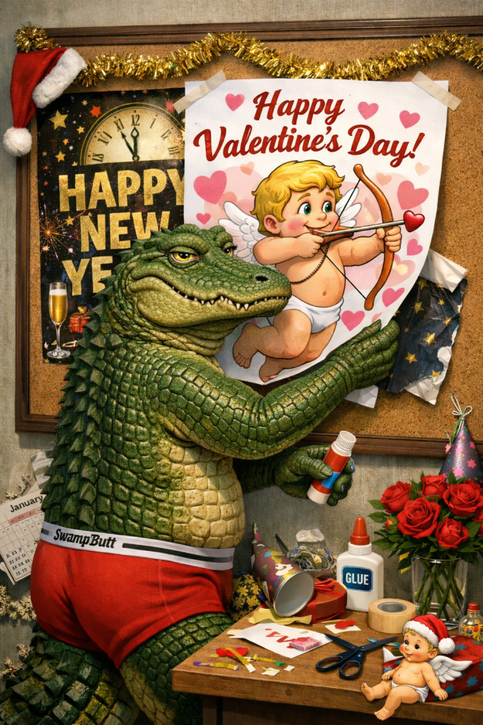SwampButt Underwear's mascot Rufus celebrates Valentines Day for 2026 though Christmas and New Years's are barely passed.