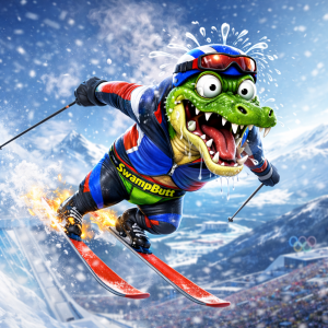 SwampButt mascot Rufus airs it out off the ski jump in dry athletic stylel