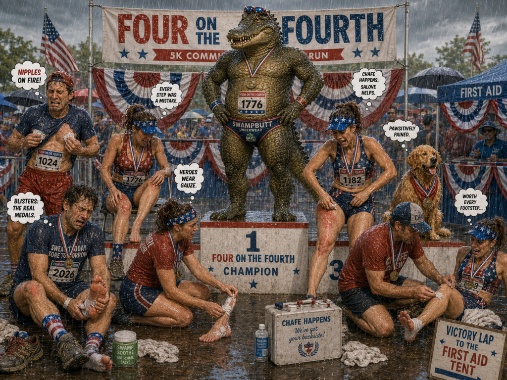 Rain on running race day spares no one, even SwampButt Underwear mascot Rufus.