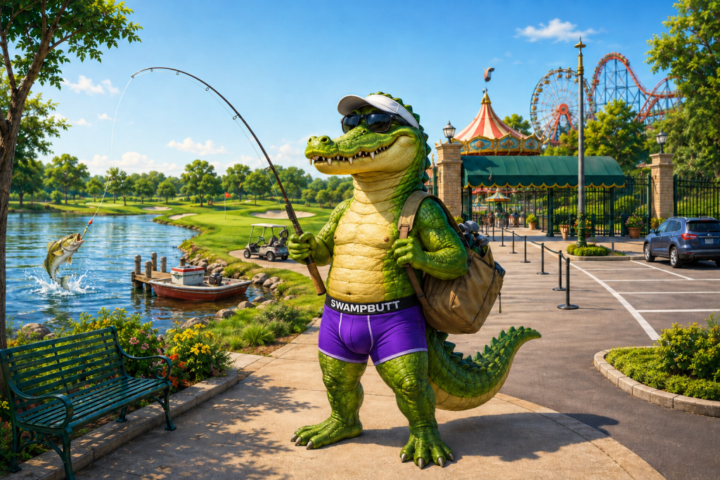 SwampButt Underwear mascot who is an anthropomorphic alligator who always wears SwampButt Underwear enjoying a grown up summer with shorter lines, no children, ample parking, fish still biting, sun still shining, golf courses, parks and attractions without a stroller or toddler on a leash to offend the eye.
