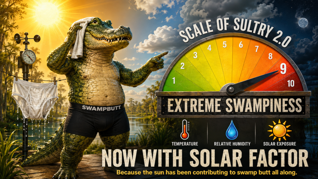 The web-based SwampButt Underwear Scale of Sultry 2.0 estimates the likelihood of visible butt sweat and uncomfortable underwear conditions. The upgraded calculator measures something conventional temperature and humidity readings leave in the shade.