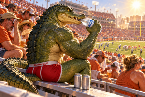 Rufus stays hydrated as the SwampButt Underwear mascot. People who go to the games, can look to the scale for what they should plan for on game day. Like drinking water instead of beer. Or eating lighter snacks in place of beer. Or wearing a hat instead of beer.