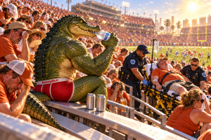 There is nothing funning about heat exhaustion. Rufus, the SwampButt Underwear mascot, stays hydrated as EMT's drag a fat drunk out of the heat.